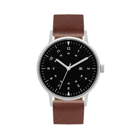 B70 Watch, Silver Case, Black Dial, Calendar, Luminous, Leather Strap - Coffee