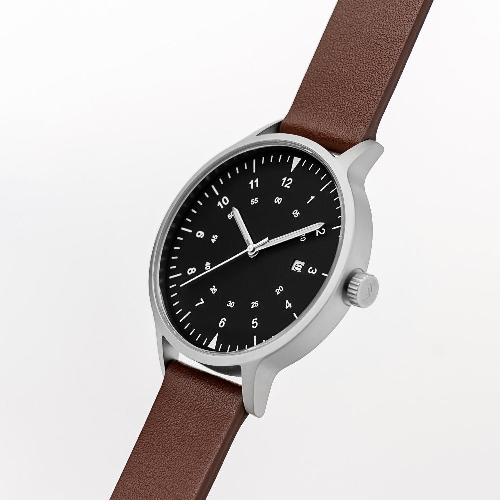 B70 Watch, Silver Case, Black Dial, Calendar, Luminous, Leather Strap - Coffee