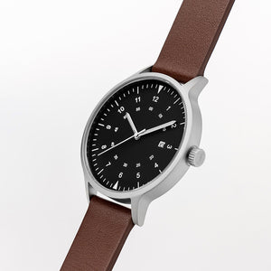 B70 Watch, Silver Case, Black Dial, Calendar, Luminous, Leather Strap - Coffee