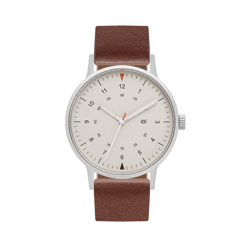 B70 Watch, Silver Case, Beige Dial, Calendar, Luminous, Leather Strap - Coffee