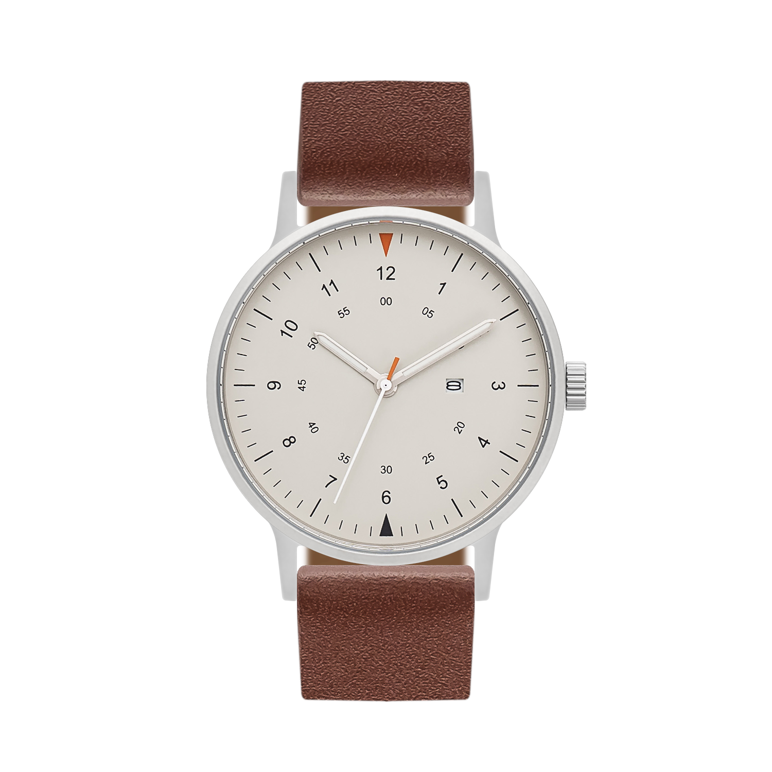 B70 Watch, Silver Case, Beige Dial, Calendar, Luminous, Leather Strap - Coffee