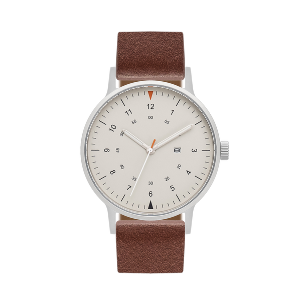 B70 Watch, Silver Case, Beige Dial, Calendar, Luminous, Leather Strap - Coffee