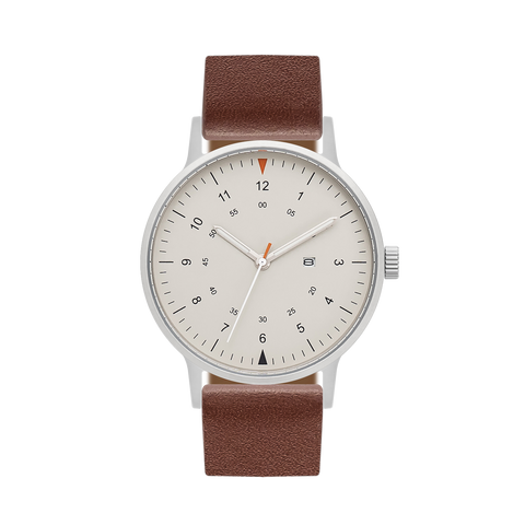 B70 Watch, Silver Case, Beige Dial, Calendar, Luminous, Leather Strap - Coffee