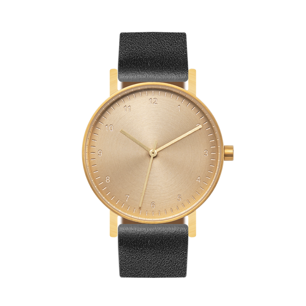 B60 Watch, Gold Case, Gold Dial, Leather Strap - Black