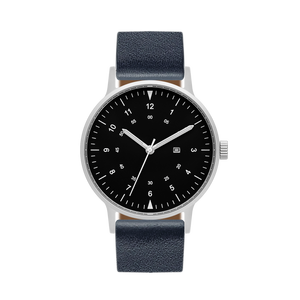 B70 Watch, Silver Case, Black Dial, Calendar, Luminous, Leather Strap