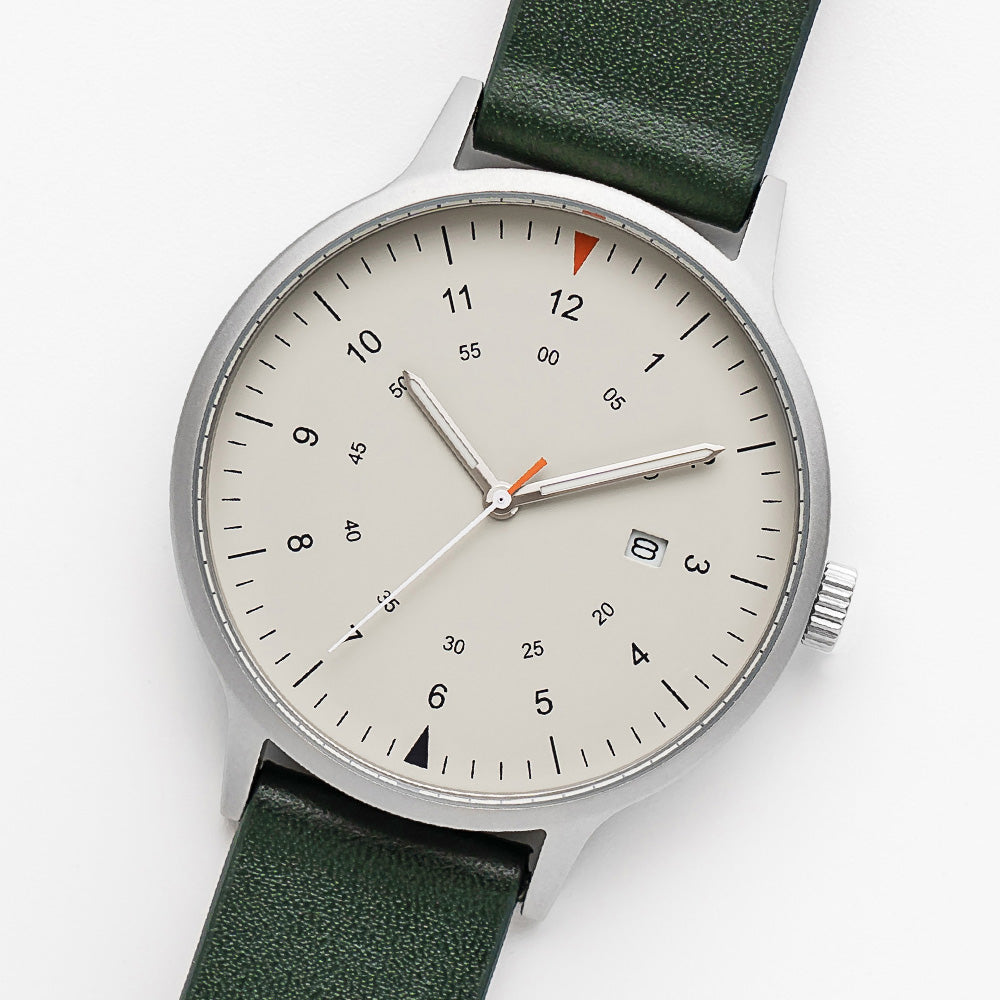B70 Watch, Silver Case, Beige Dial, Calendar, Luminous, Leather Strap - Green