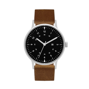 B70 Watch, Silver Case, Black Dial, Calendar, Luminous, Leather Strap