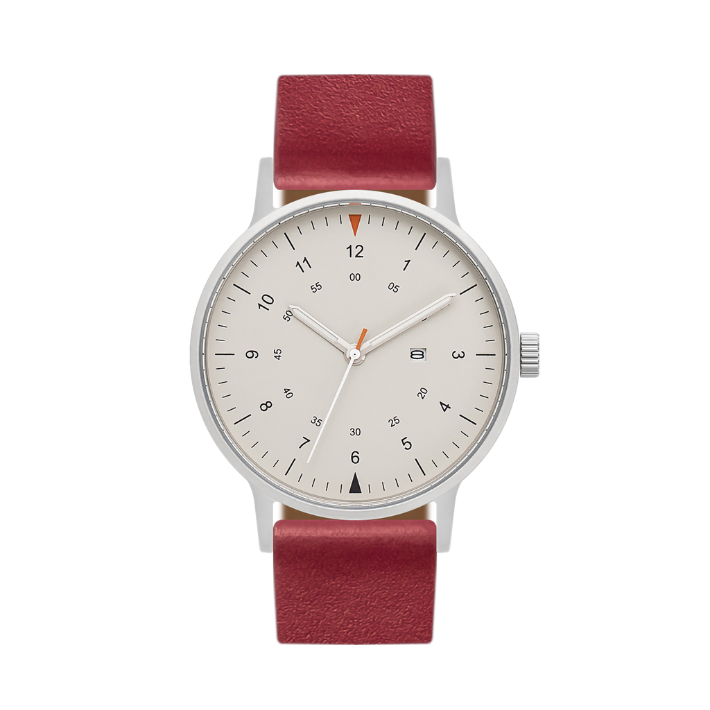 B70 Watch, Silver Case, Beige Dial, Calendar, Luminous, Leather Strap - Red