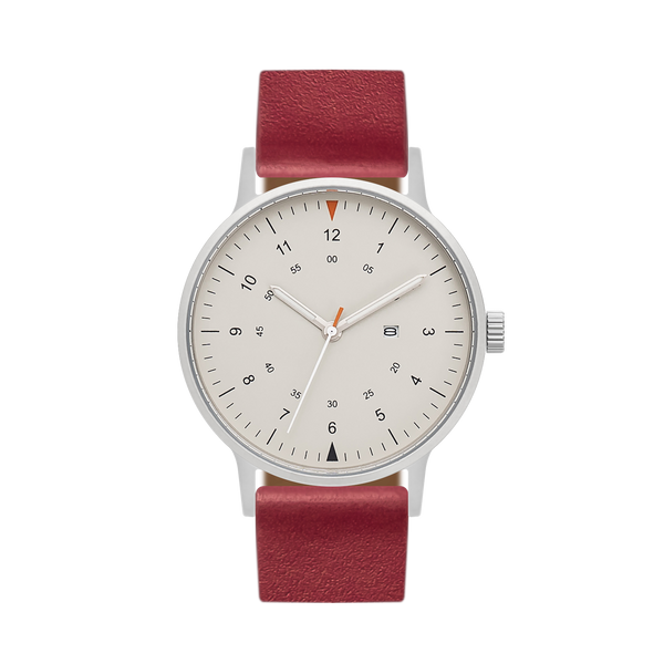 B70 Watch, Silver Case, Beige Dial, Calendar, Luminous, Leather Strap - Red