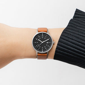 B70 Watch, Silver Case, Black Dial, Calendar, Luminous, Leather Strap