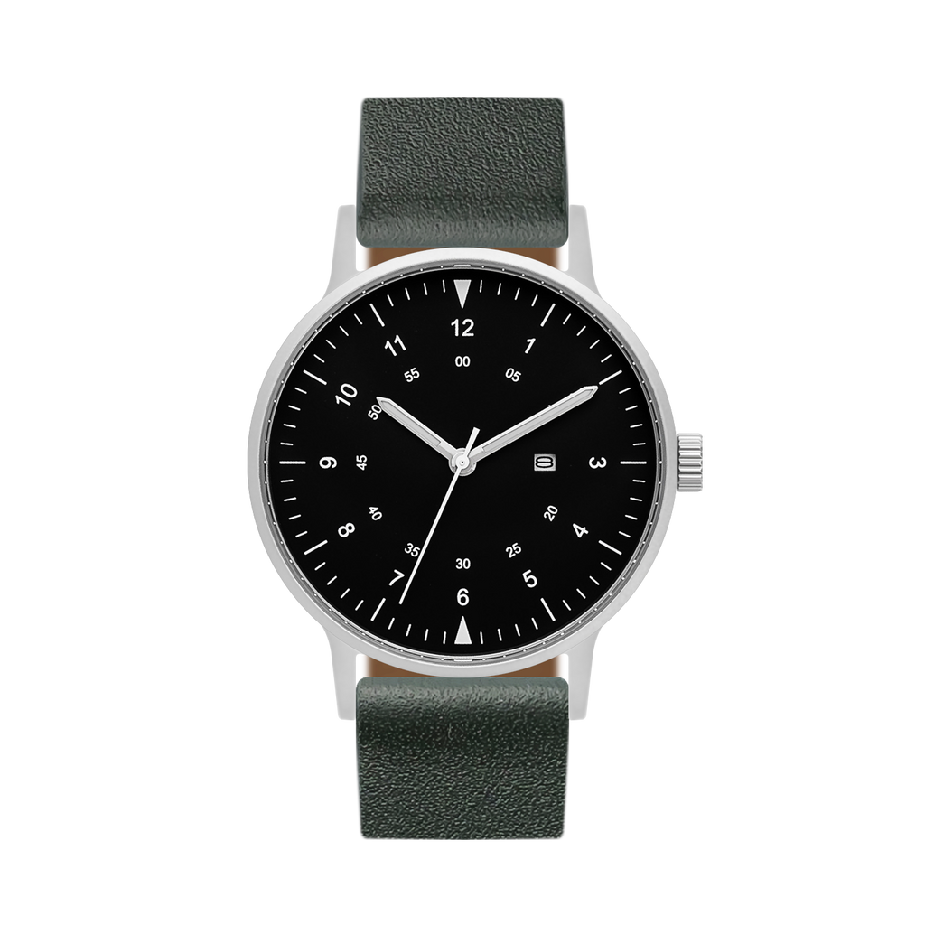 B70 Watch, Silver Case, Black Dial, Calendar, Luminous, Leather Strap - Green