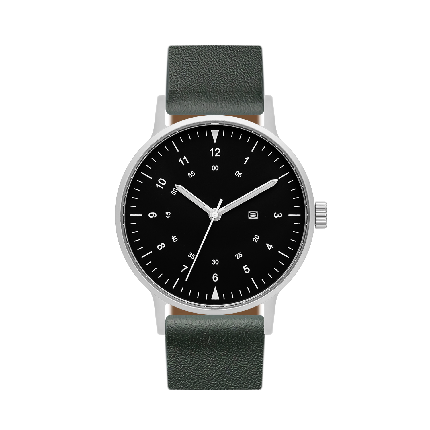 B70 Watch, Silver Case, Black Dial, Calendar, Luminous, Leather Strap - Green