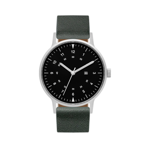 B70 Watch, Silver Case, Black Dial, Calendar, Luminous, Leather Strap - Green