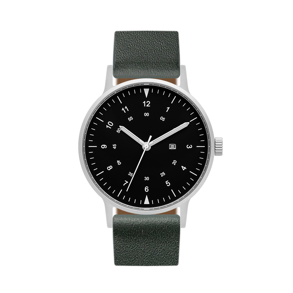 B70 Watch, Silver Case, Black Dial, Calendar, Luminous, Leather Strap - Green