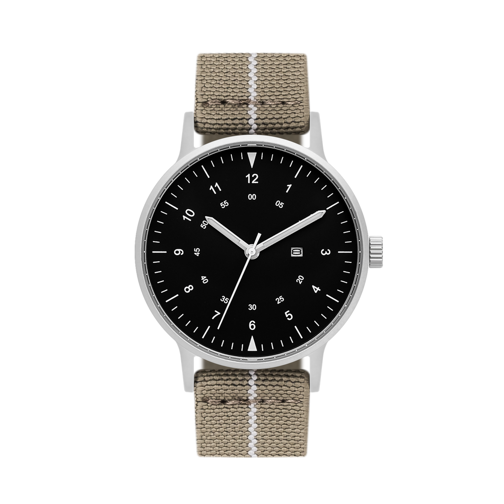 B70 Watch, Silver Case, Black Dial, Calendar, Luminous, Stretch Nylon straps - Khaki