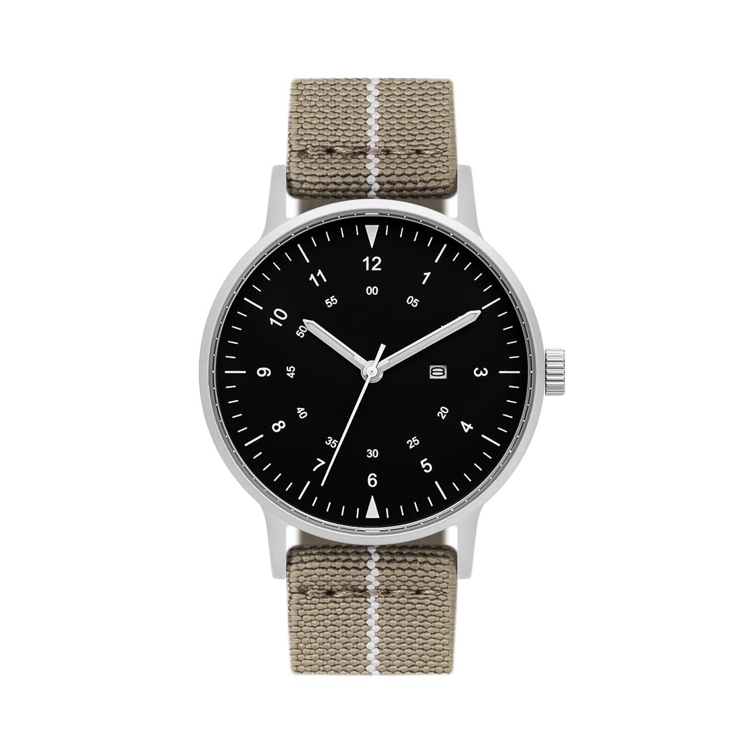 B70 Watch, Silver Case, Black Dial, Calendar, Luminous, Stretch Nylon straps - Khaki