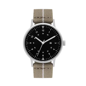B70 Watch, Silver Case, Black Dial, Calendar, Luminous, Stretch Nylon straps - Khaki