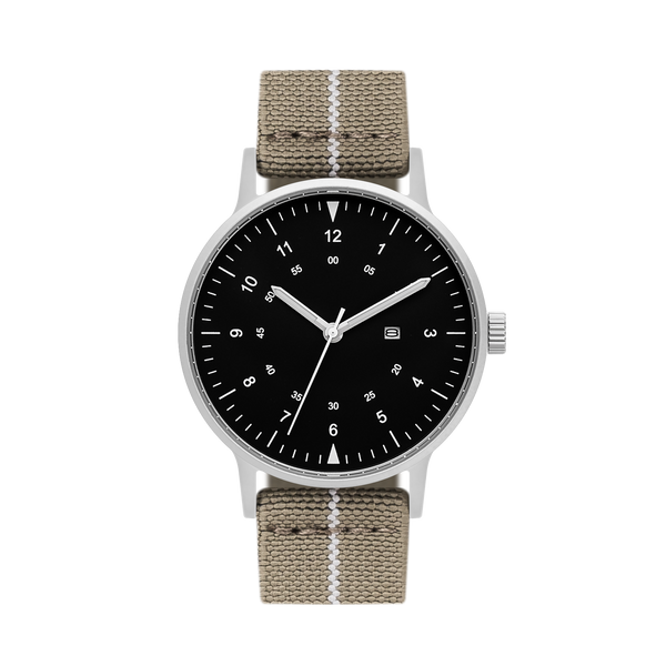 B70 Watch, Silver Case, Black Dial, Calendar, Luminous, Stretch Nylon straps - Khaki