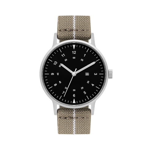 B70 Watch, Silver Case, Black Dial, Calendar, Luminous, Stretch Nylon straps - Khaki