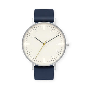 B001 Watch, Silver Case, Off White Dial, Silicone Strap - 0013-Midnight Blue - BIJOUONE
