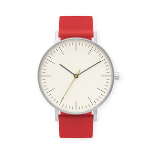 B001 Watch, Silver Case, Off White Dial, Silicone Strap - 0021-Red - BIJOUONE