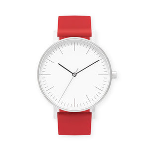 B001 Watch, Silver Case, White Dial, Silicone Strap - 0021-Red - BIJOUONE