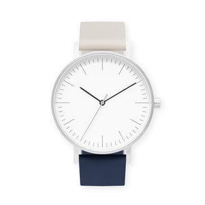 B001 Watch, Silver Case, White Dial, Two-tone Silicone Strap - 0513-Ivory/Midnight Blue - BIJOUONE