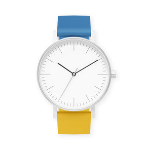 B001 Watch, Silver Case, White Dial, Two-tone Silicone Strap - 0610-Blue/Lemon - BIJOUONE