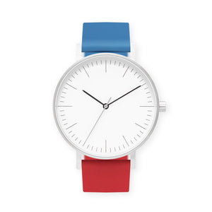 B001 Watch, Silver Case, White Dial, Two-tone Silicone Strap - 0619-Blue/Red - BIJOUONE