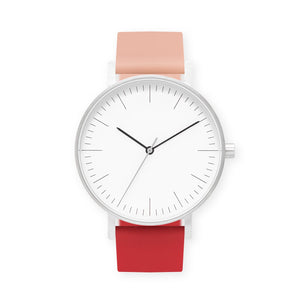 B001 Watch, Silver Case, White Dial, Two-tone Silicone Strap - 0719-Nude Pink/Red - BIJOUONE