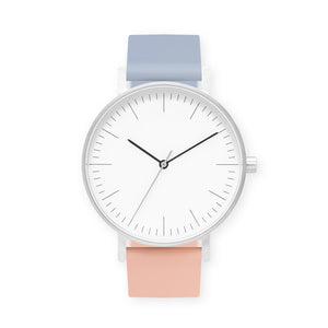 B001 Watch, Silver Case, White Dial, Two-tone Silicone Strap - 0807-Dusty Blue/Nude Pink - BIJOUONE
