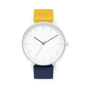 B001 Watch, Silver Case, White Dial, Two-tone Silicone Strap - 1013-Lemon/Midnight Blue - BIJOUONE