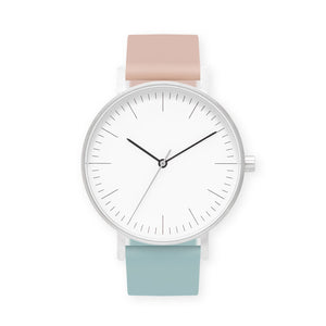 B001 Watch, Silver Case, White Dial, Two-tone Silicone Strap - 1112-Pink Sand/Aquamarine - BIJOUONE