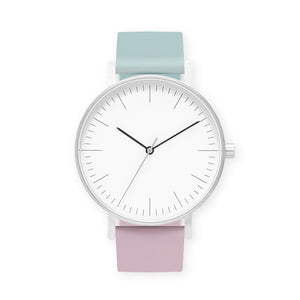 B001 Watch, Silver Case, White Dial, Two-tone Silicone Strap - 1215-Aquamarine/Lavender - BIJOUONE