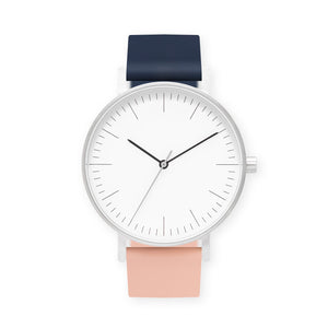 B001 Watch, Silver Case, White Dial, Two-tone Silicone Strap - 1307-Midnight Blue/Nude Pink - BIJOUONE