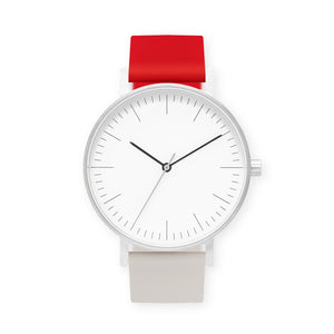 B001 Watch, Silver Case, White Dial, Two-tone Silicone Strap - 2105-Red/Iovry - BIJOUONE
