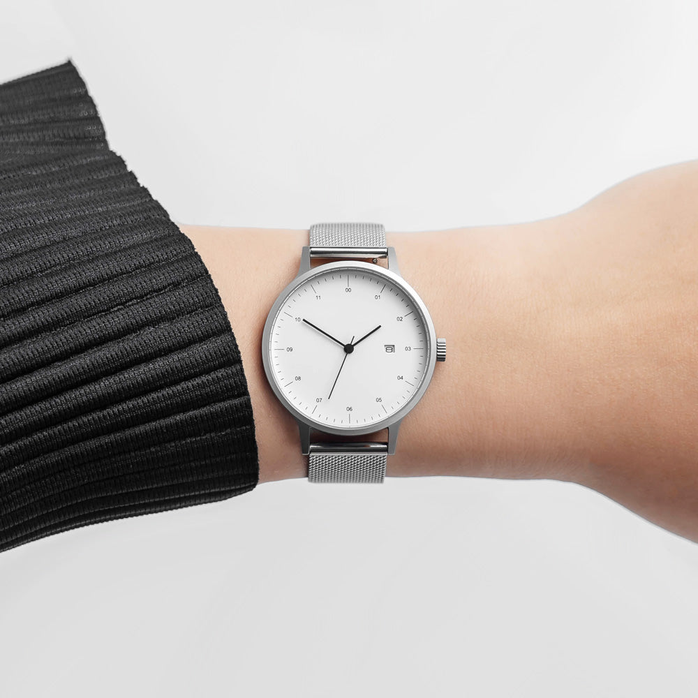 B30 Watch, Silver Case, White Dial, Calendar, Stainless Steel Mesh Strap