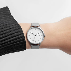 B30 Watch, Silver Case, White Dial, Calendar, Stainless Steel Mesh Strap