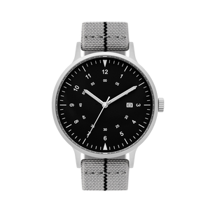 B70 Watch, Silver Case, Black Dial, Calendar, Luminous, Stretch Nylon Strap