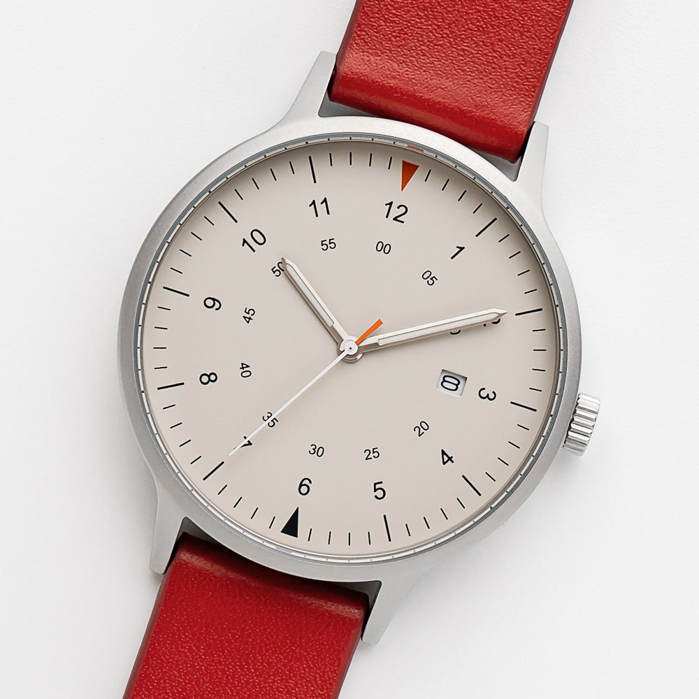 B70 Watch, Silver Case, Beige Dial, Calendar, Luminous, Leather Strap - Red