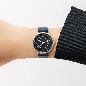 B70 Watch, Silver Case, Black Dial, Calendar, Luminous, Leather Strap