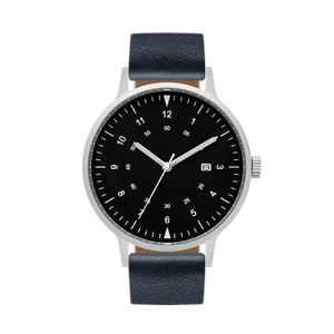 B70 Watch, Silver Case, Black Dial, Calendar, Luminous, Leather Strap
