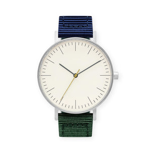 B001 Watch, Silver Case, Off White Dial, Nylon Strap - Green/Navy - BIJOUONE