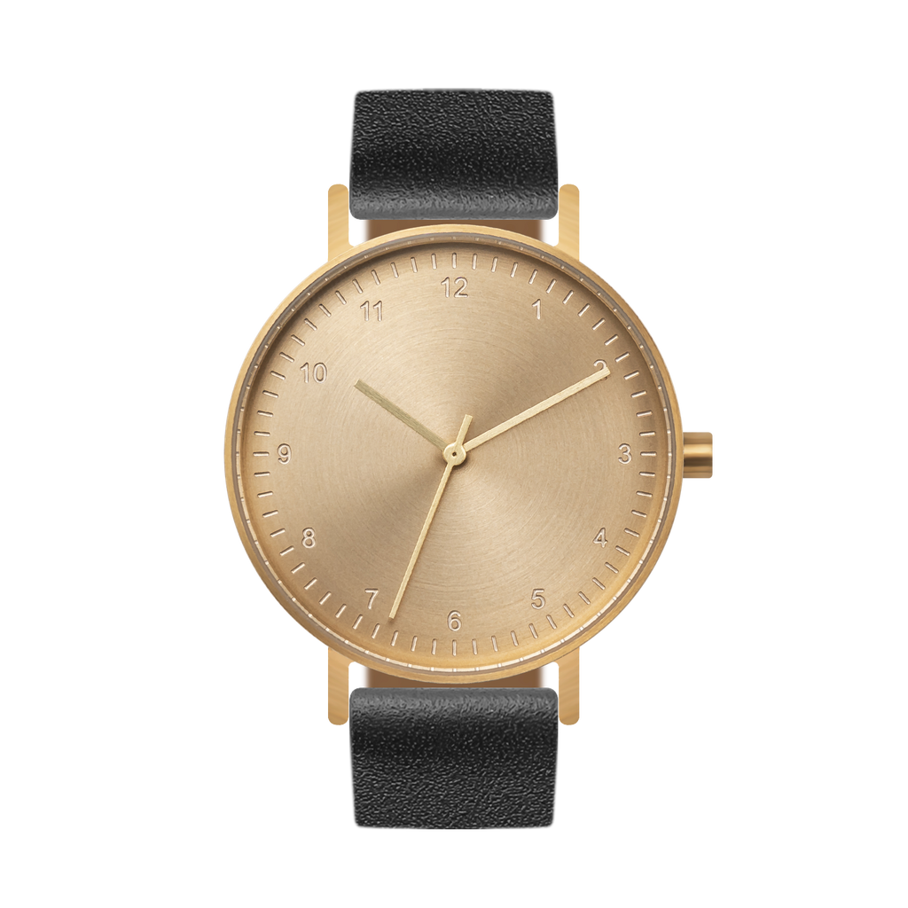 B60 Watch, Gold Case, Gold Dial, Leather Strap - Black