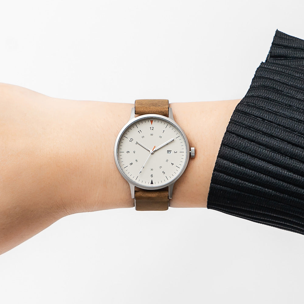 B70 Watch, Silver Case, Beige Dial, Calendar, Luminous, Leather Strap - Brown Suede