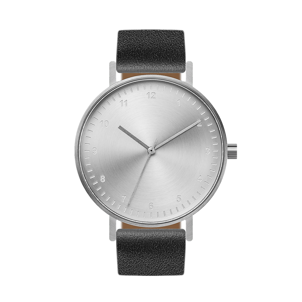 B60 Watch, Silver Case, silver Dial, Leather Strap - Black