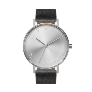 B60 Watch, Silver Case, silver Dial, Leather Strap - Black