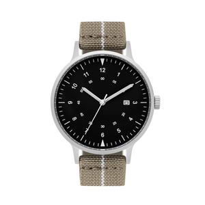 B70 Watch, Silver Case, Black Dial, Calendar, Luminous, Stretch Nylon straps - Khaki