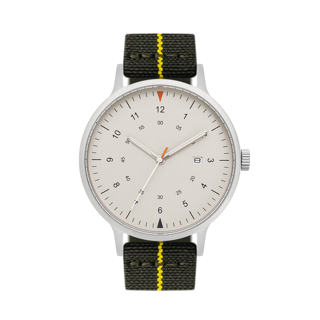 B70 Watch, Silver Case, Beige Dial, Calendar, Luminous, Stretch Nylon straps - Green