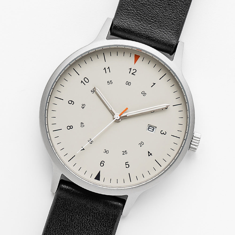 B70 Watch, Silver Case, Beige Dial, Calendar, Luminous, Leather Strap - Black